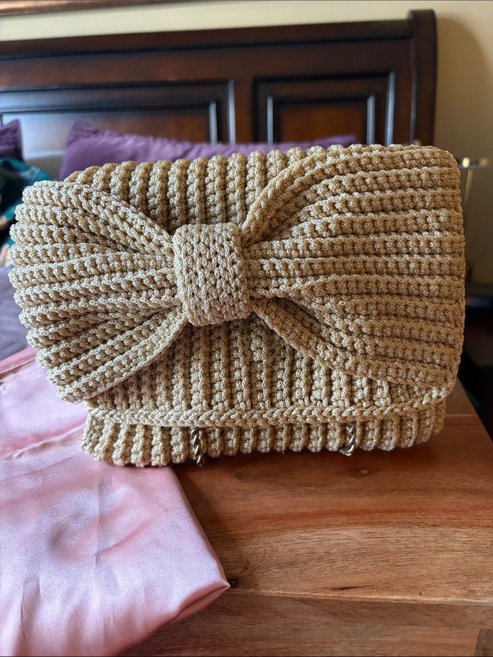 New!! Gold Flecked Woven Bow-Front Clutch Wristlet - Beige